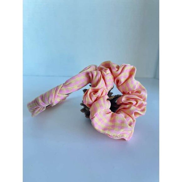 Girls Pink & Yellow Check Headband & Scrunchie Set – Stylish Hair Accessory Bund - Picture 9 of 12